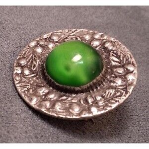 Antique Arts & Crafts Brooch Green Satin Glass Stone